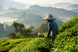 Cueilleur de the malais portant un chapeau conique dans une plantation de the au lever du soleil, representant un voyage organise avec Colibri Voyage.