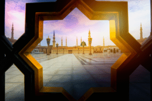 Vue artistique sur la cour de la Mosquée du Prophète à Médine (Al-Masjid An-Nabawi), idéale pour illustrer les voyages Omra organisés par Colibri Voyage depuis le Maroc.