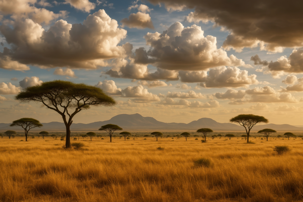 Savane africaine au coucher du soleil avec acacias et montagnes à l’horizon, typique d’un safari au Kenya ou en Tanzanie.