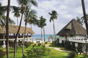 Hôtel balnéaire en Tanzanie avec toits en makuti, palmiers et plage turquoise, idéal pour un voyage ou un voyage organisé.