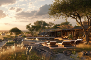 Lodge de luxe en safari au Kenya ou en Tanzanie, entouré de savane et d’une piscine naturelle au coucher du soleil, idéal pour un voyage ou un voyage organisé.