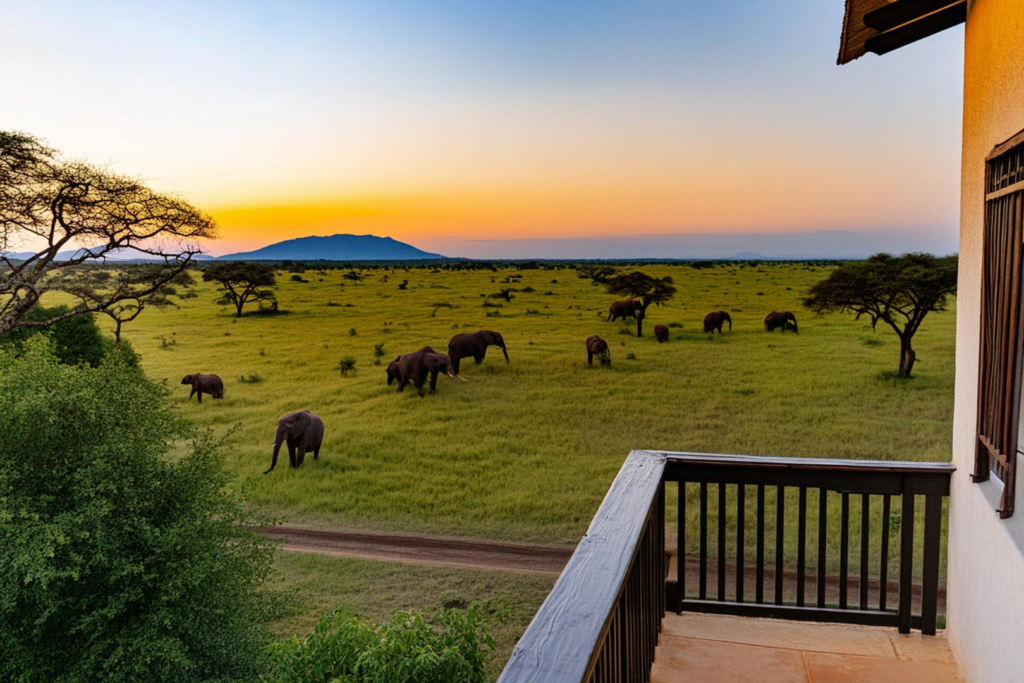 Vue depuis un lodge en safari au Kenya ou en Tanzanie, avec un troupeau d’éléphants dans la savane au coucher du soleil, lors d’un voyage ou d’un voyage organisé.