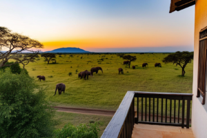 Vue depuis un lodge en safari au Kenya ou en Tanzanie, avec un troupeau d’éléphants dans la savane au coucher du soleil, lors d’un voyage ou d’un voyage organisé.
