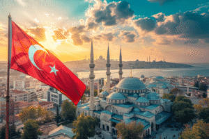 Drapeau turc flottant devant une mosquée historique et la ville d'Istanbul, idéal pour un voyage organisé ou un voyage en Turquie.