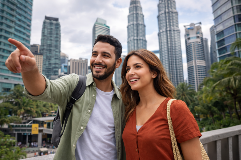 Couple marocain découvrant Kuala Lumpur après avoir bien préparé un voyage d’été avec Colibri Voyage