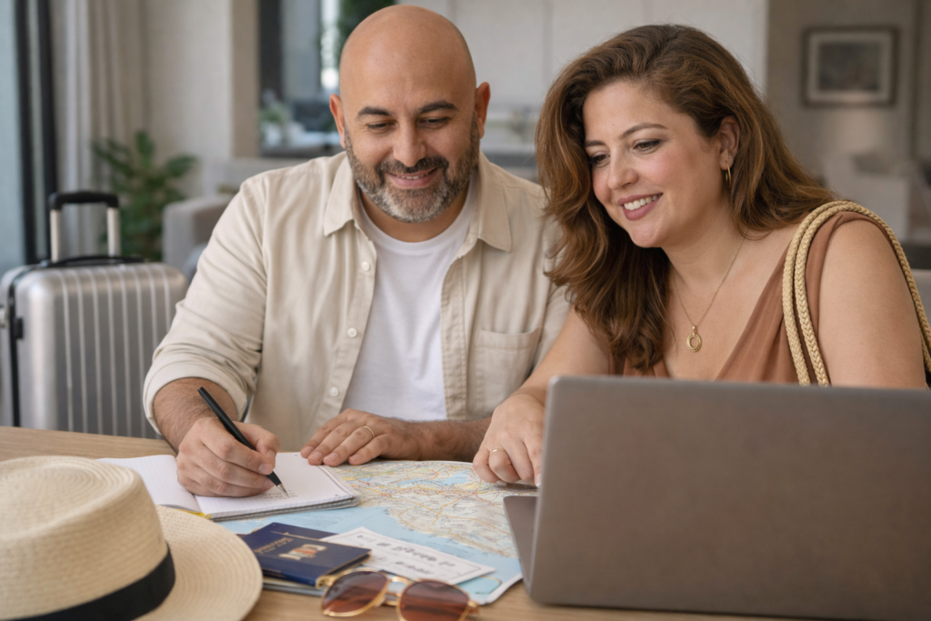 Couple préparant un voyage d’été avec une carte et un ordinateur pour organiser un voyage organisé avec Colibri Voyage