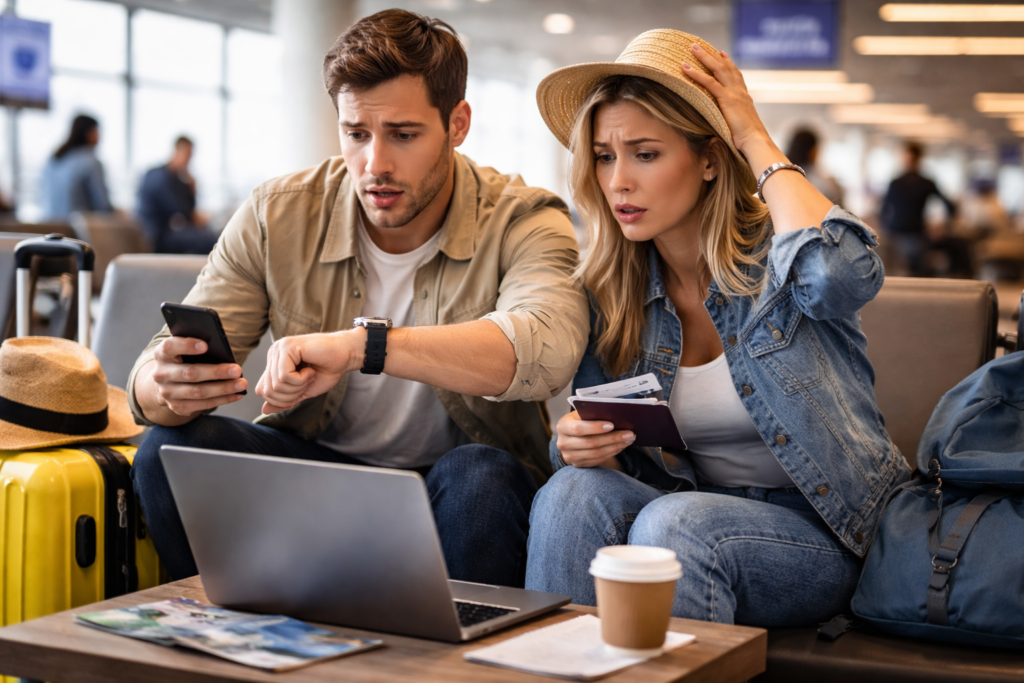 Couple de voyageurs stressés à l’aéroport après avoir réservé leur voyage organisé trop tard avec peu de disponibilités pour les vols