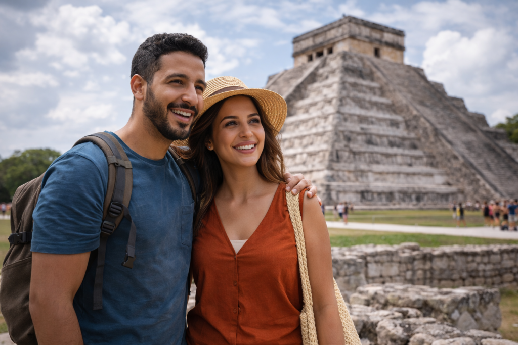 Couple de voyageurs découvrant les temples mayas lors d’un voyage organisé avec Colibri Voyage