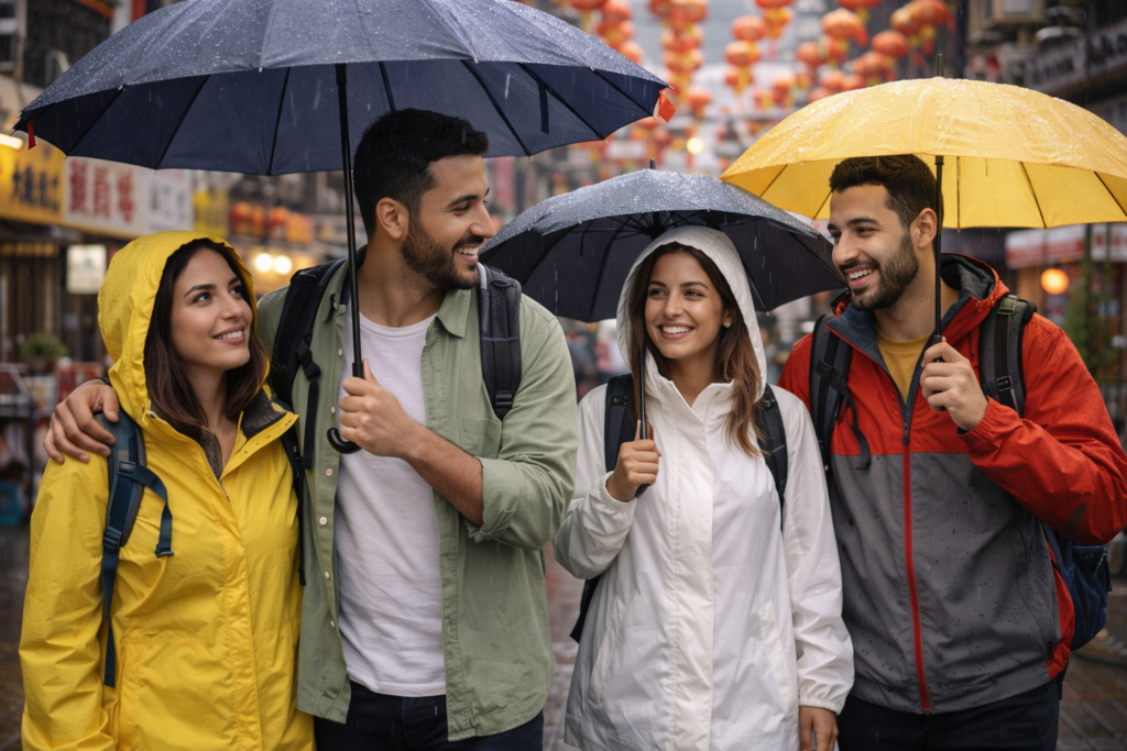 Groupe de voyageurs marchant sous la pluie en Asie lors d’un voyage organisé – importance de vérifier la météo avant un voyage avec Colibri Voyage